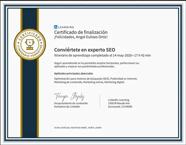 Certificado curso conviértete en experto SEO de Linkedin Learning logrado en 2020