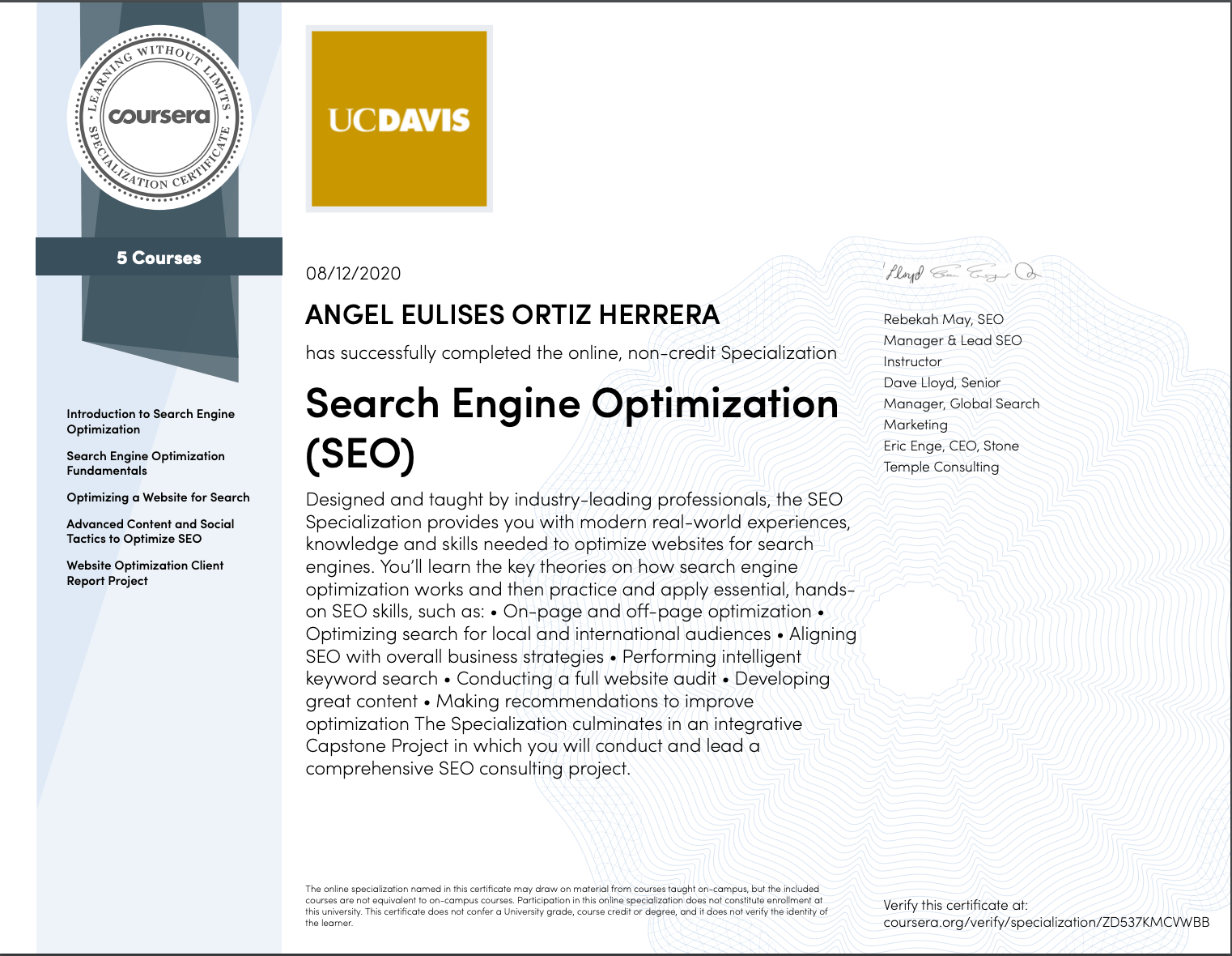 Seo specialization certificate Uc Davis- Coursera